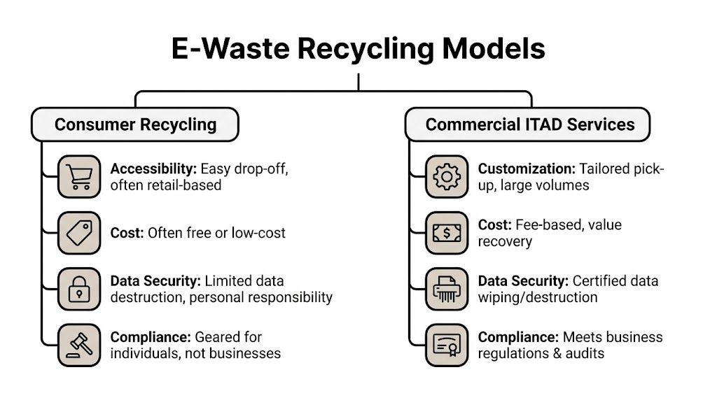 A diagram comparing consumer recycling and commercial ITAD services for electronic waste management and data security.