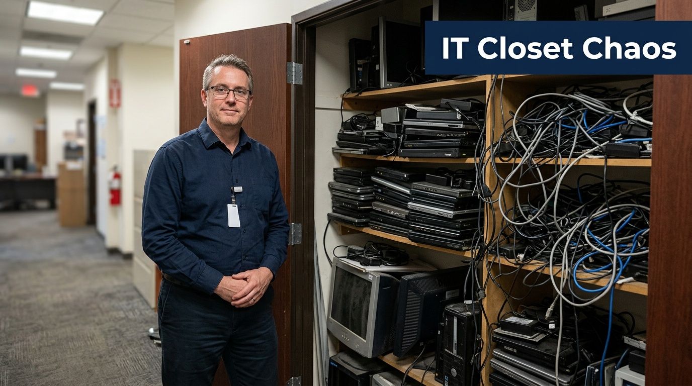 A professional man standing next to a cluttered IT closet filled with old computers and tangled cables.