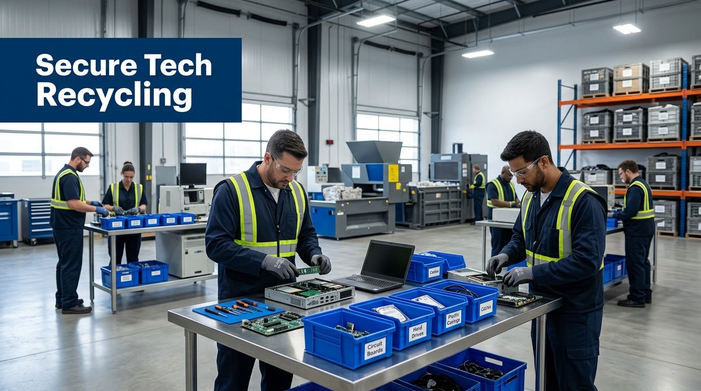 A professional team of workers processing and recycling electronic components at a facility with workstations.