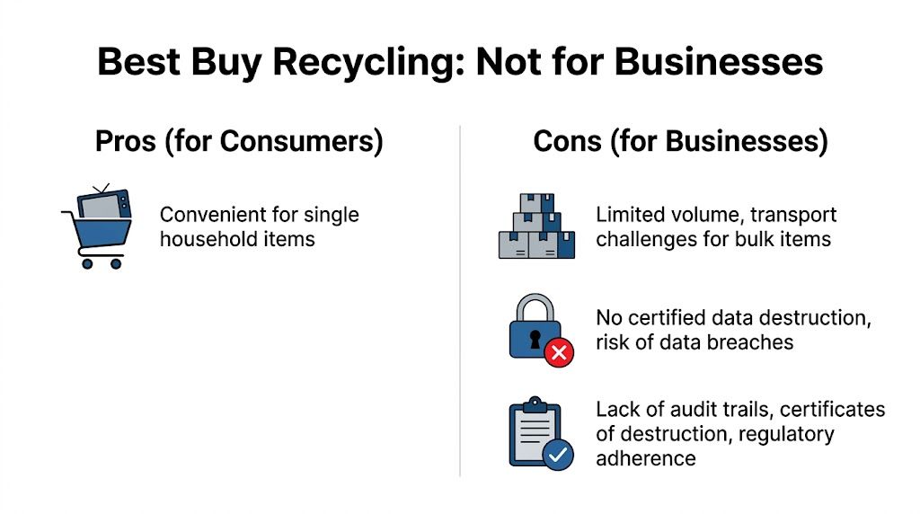 A comparison chart outlining why Best Buy recycling services are convenient for consumers but unsuitable for businesses.