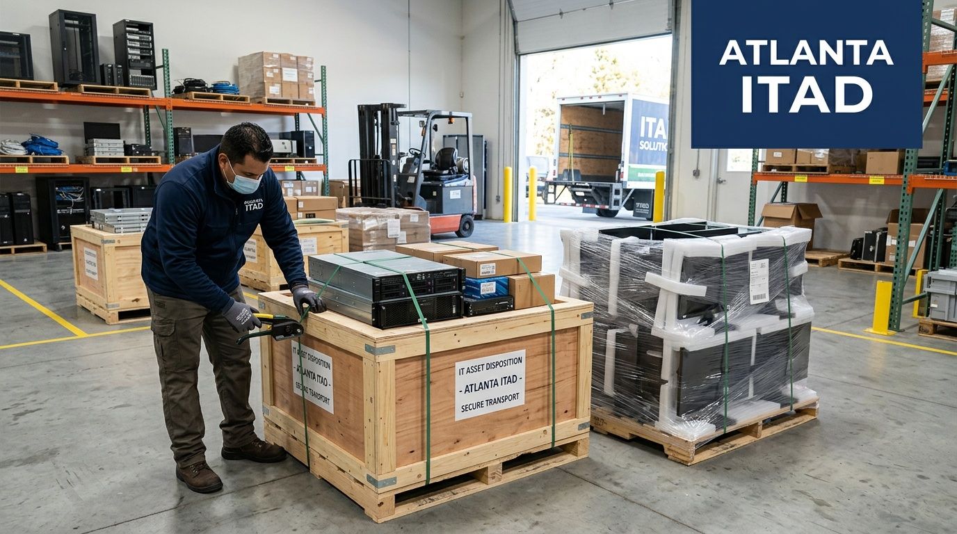 An employee wearing a mask secures a wooden crate of electronics at an Atlanta ITAD facility.