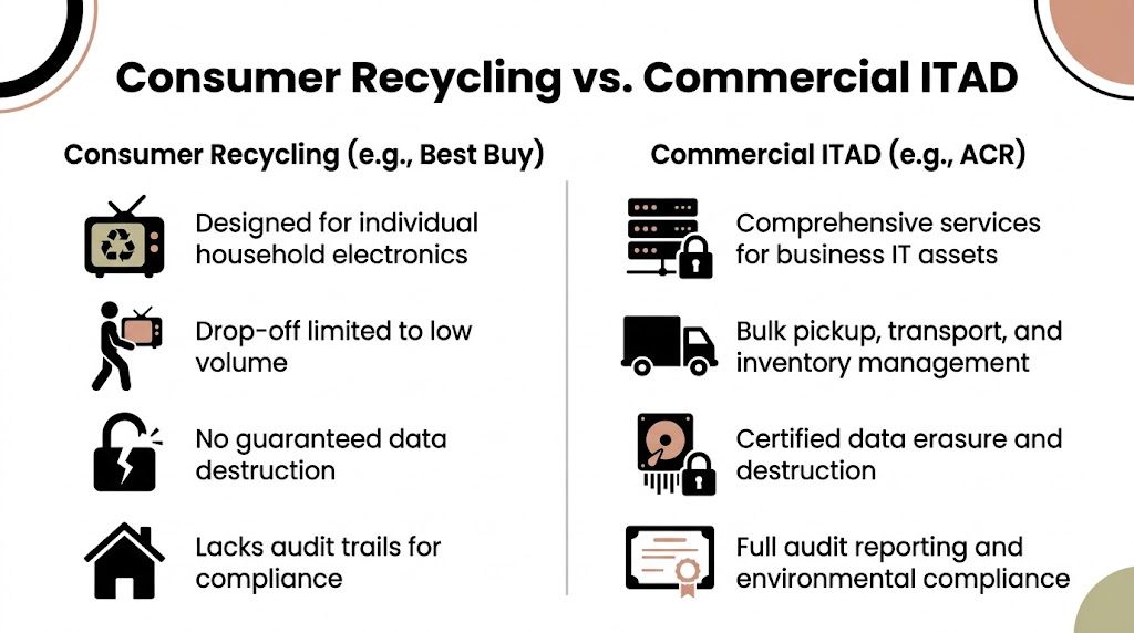 A comparison chart outlining key differences between consumer electronics recycling services and commercial ITAD solutions for businesses.