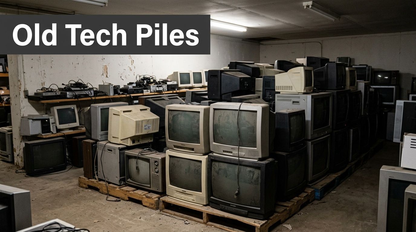 A large warehouse filled with stacks of old CRT television sets and discarded computer monitors on pallets.