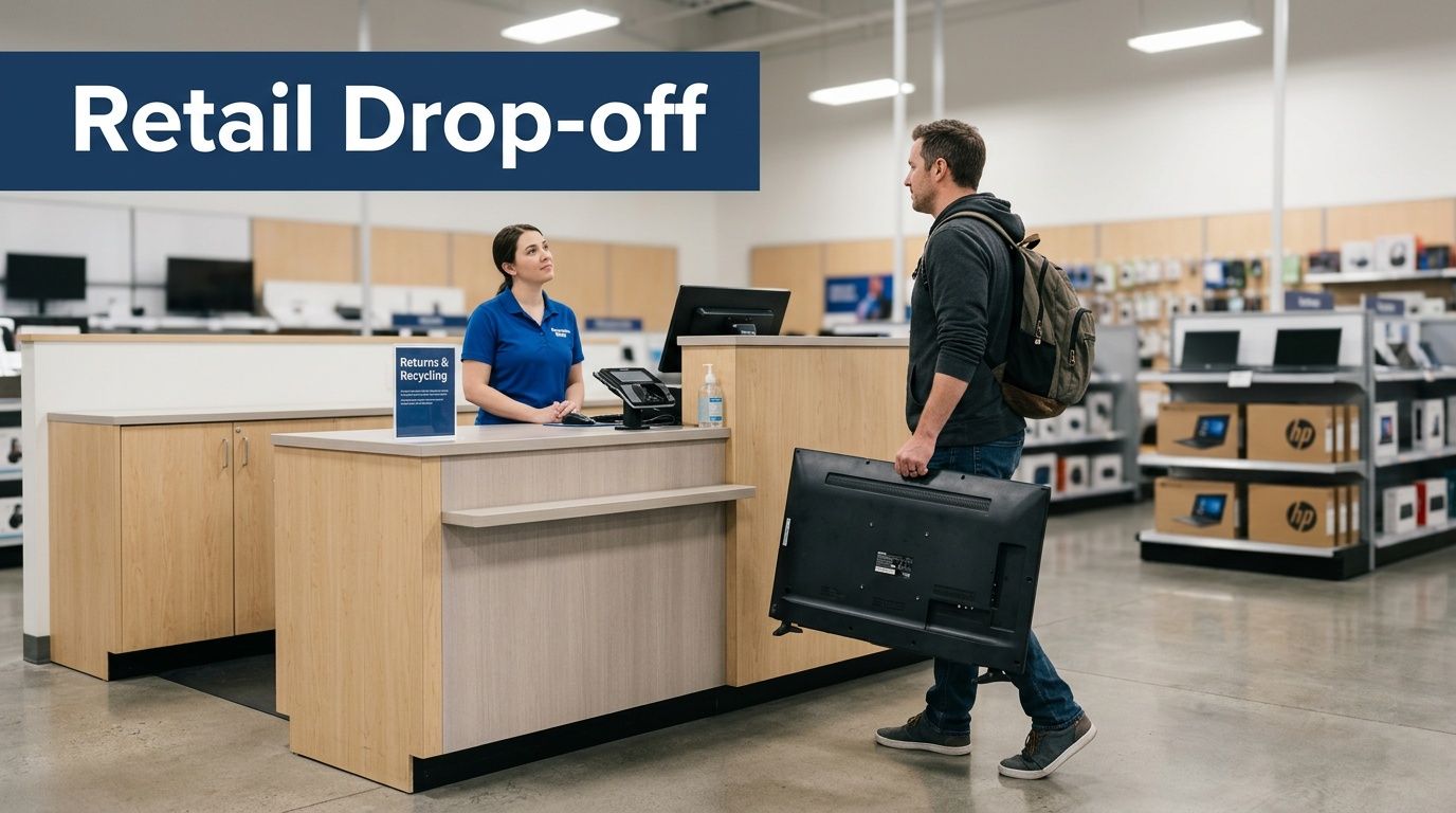 A customer carrying a television approaches a Best Buy service desk for retail drop-off and recycling services.