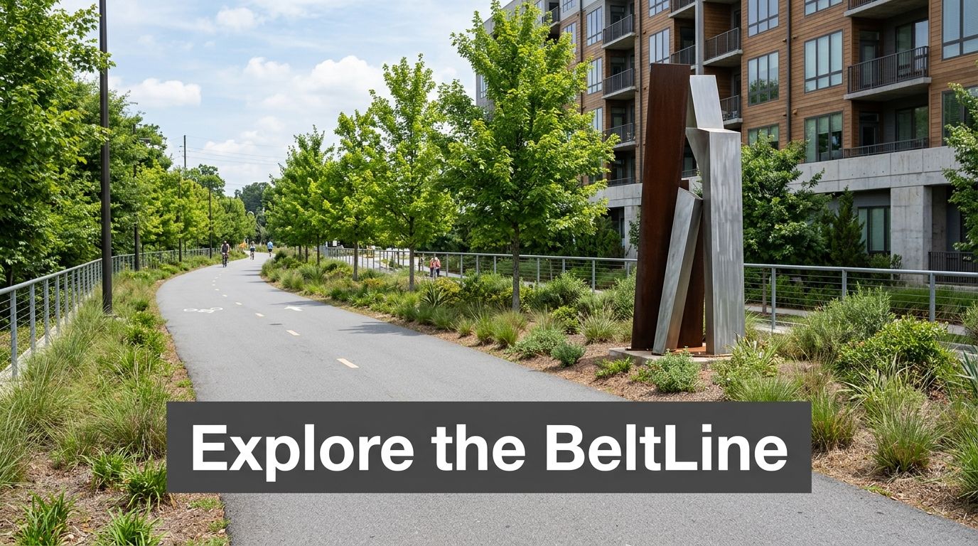 A paved walking and cycling trail on the Atlanta BeltLine featuring modern sculptures and urban apartment buildings.