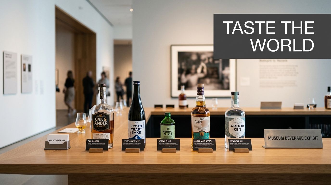 A wooden counter displaying various liquor bottles and sake with informational placards in a modern museum gallery.