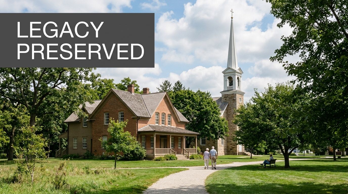 A scenic view of a historic brick house and church tower surrounded by trees and lush grass.