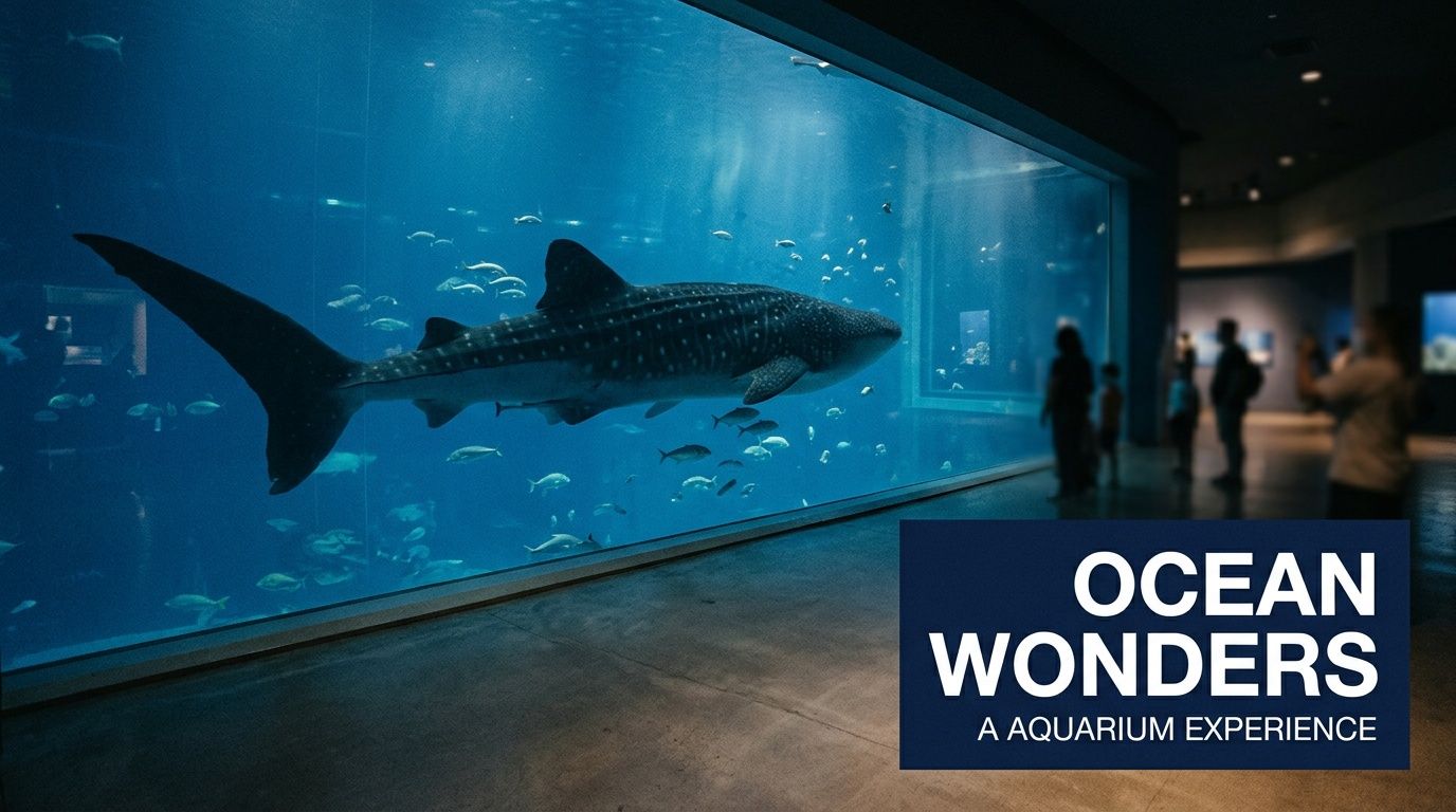 A massive whale shark swimming in a large indoor aquarium tank with visitors watching nearby.