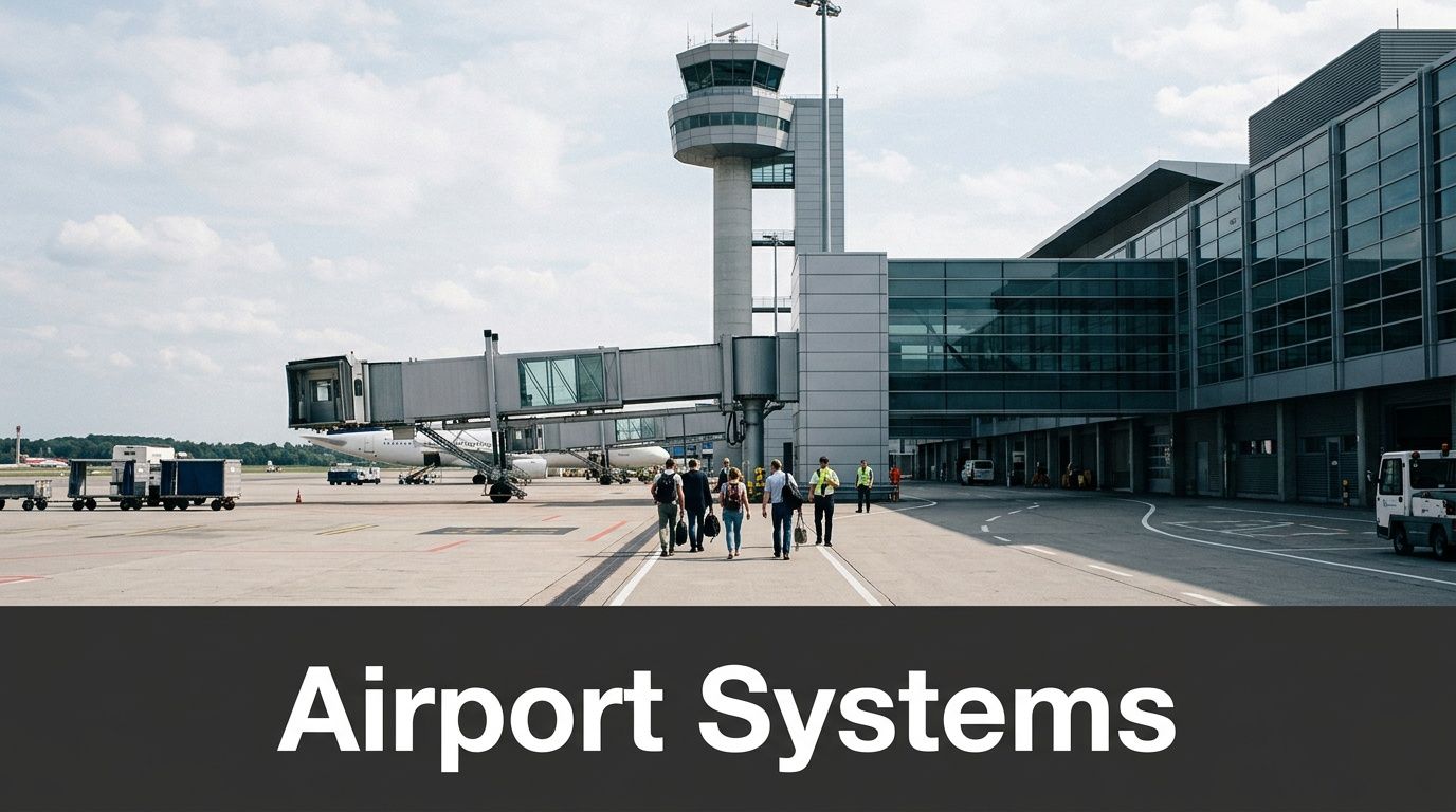 People walking across an airport tarmac towards a parked airplane and boarding gate at an airport.