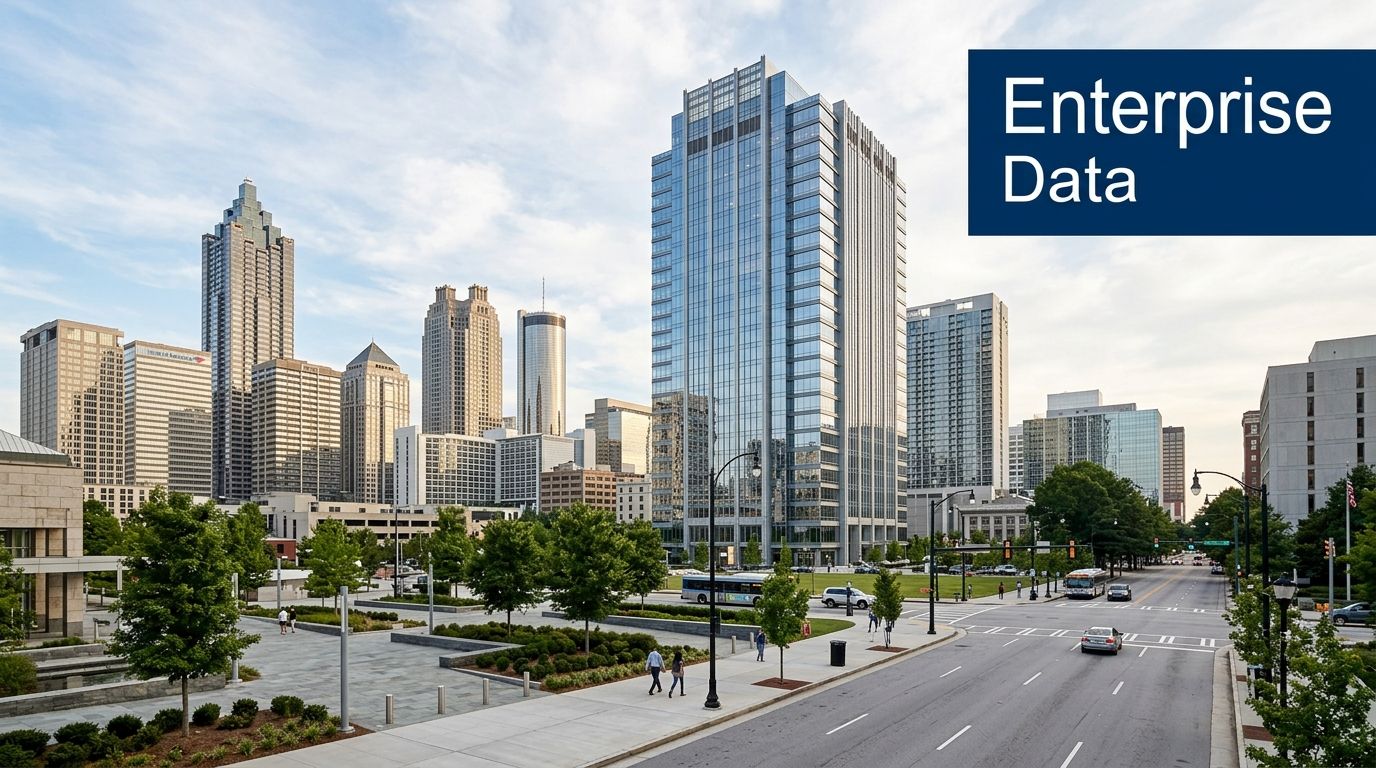A wide angle view of the modern Atlanta city skyline featuring tall glass skyscrapers and streets.