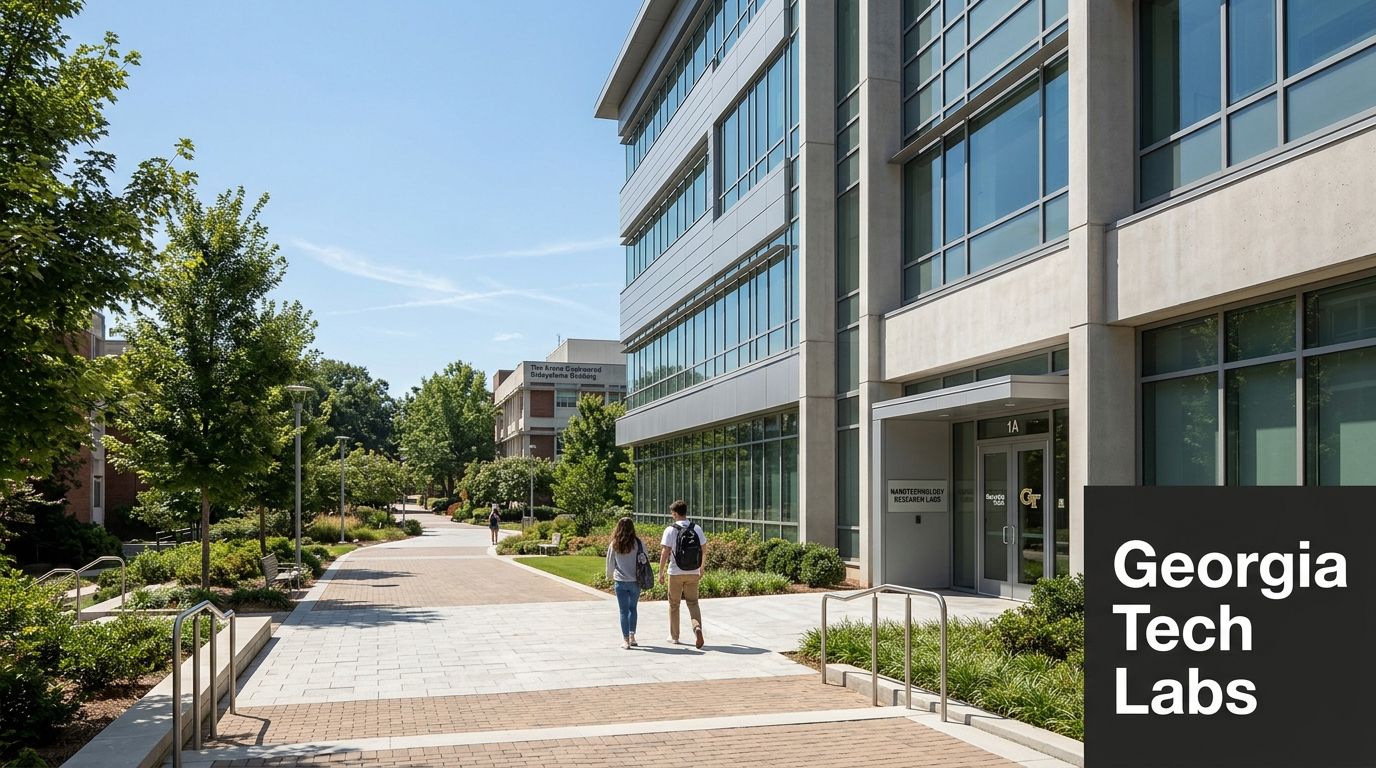 Students walking on the sunny campus sidewalk in front of the Georgia Tech Nanotechnology Research Center building.