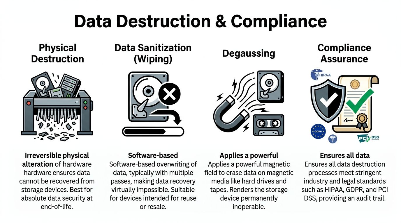 A diagram explaining four methods of data destruction and compliance including physical destruction and software wiping.