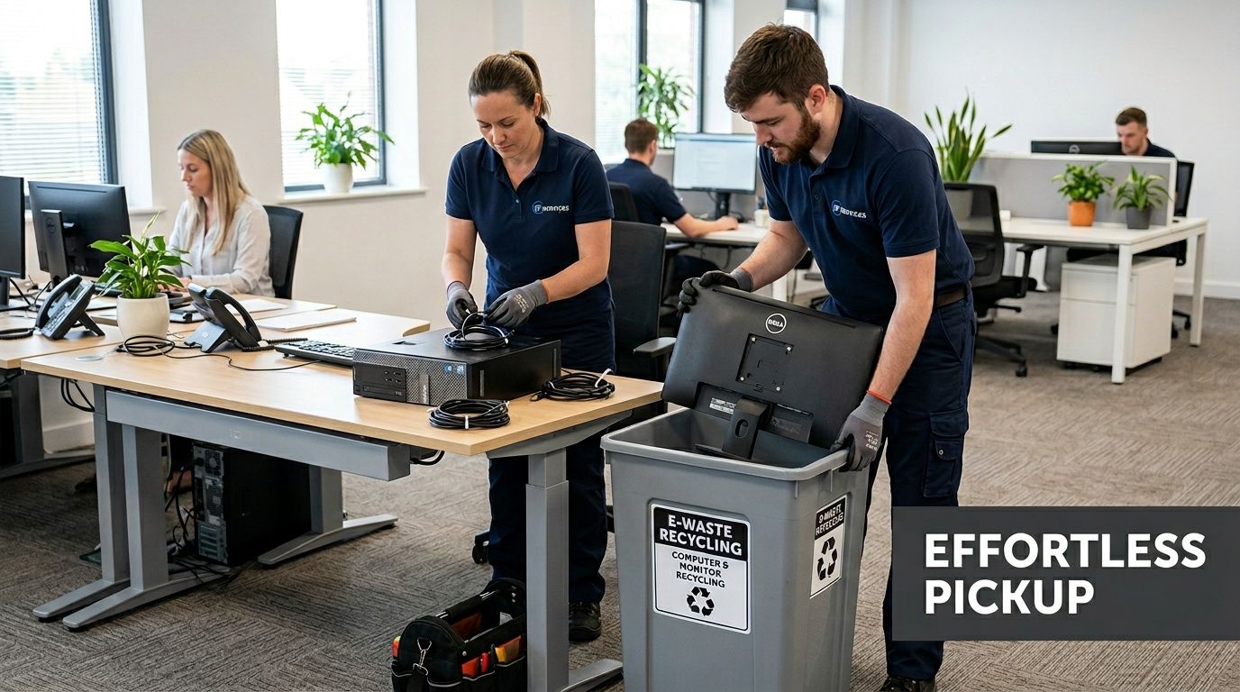 A professional team collecting office electronics for recycling in a modern workplace setting for waste management.