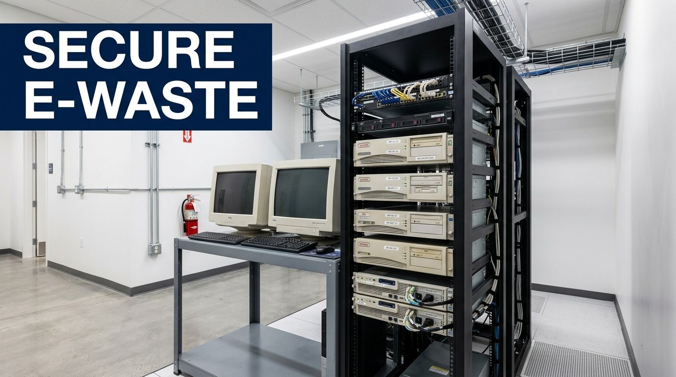 A server room featuring vintage desktop computers and server racks labeled as secure e-waste for recycling.