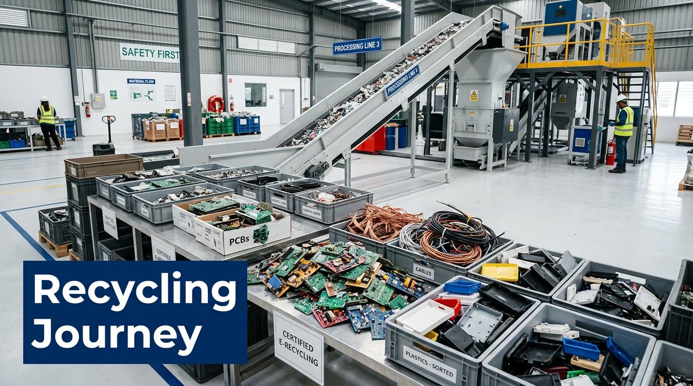 Workers sorting electronic waste and components at an industrial recycling facility for sustainable electronics processing.