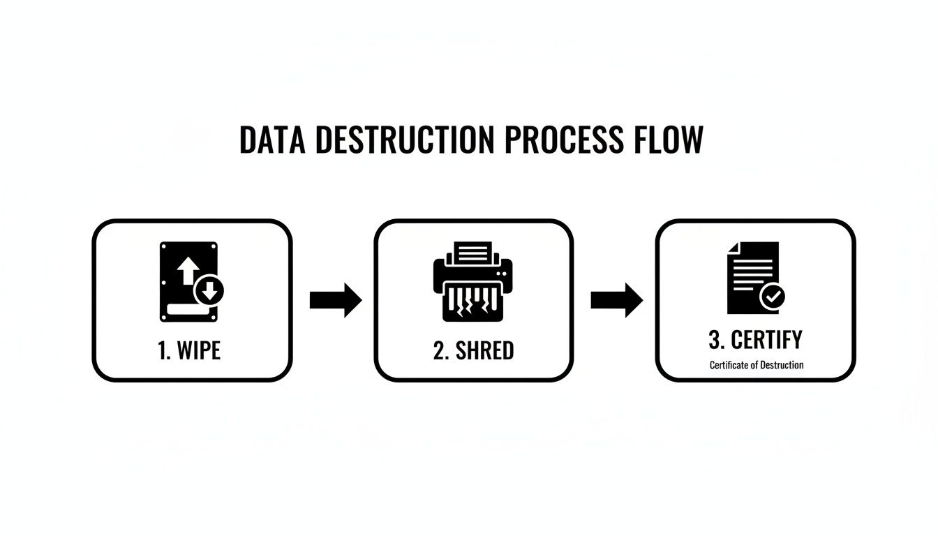 A data destruction process flow showing three steps: wipe data, shred media, and certify destruction.