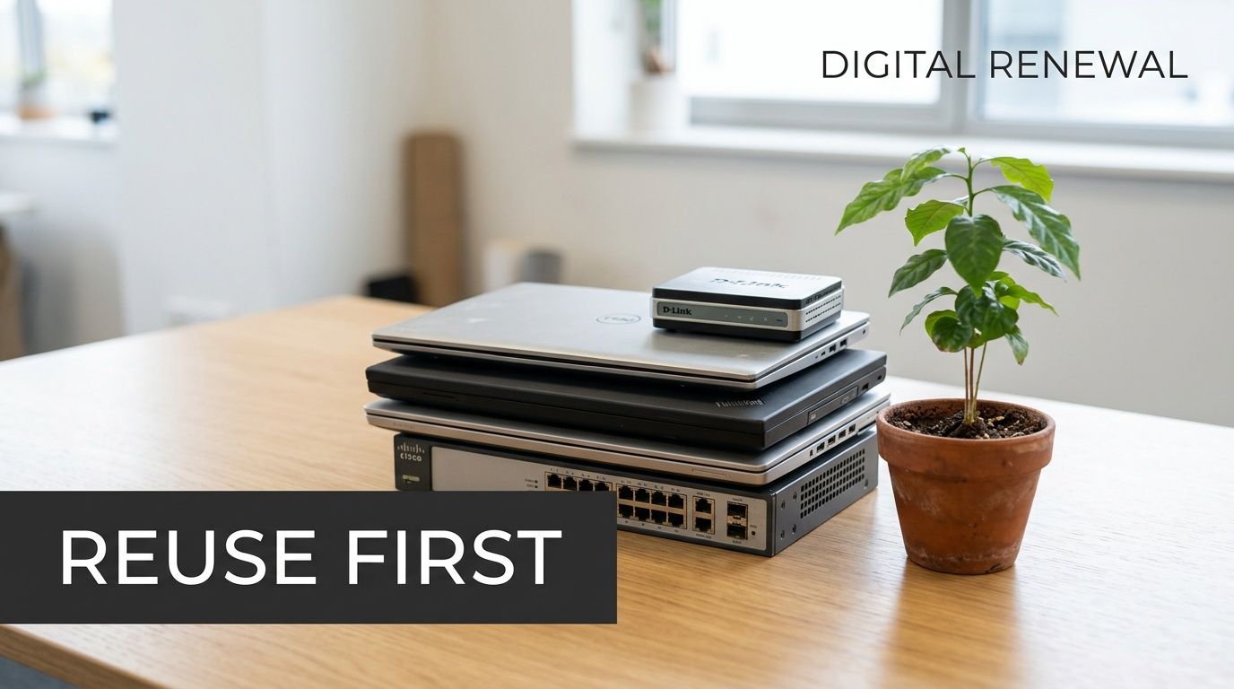 A stack of old laptops, a network switch, and a router next to a potted plant, promoting digital renewal and reuse.