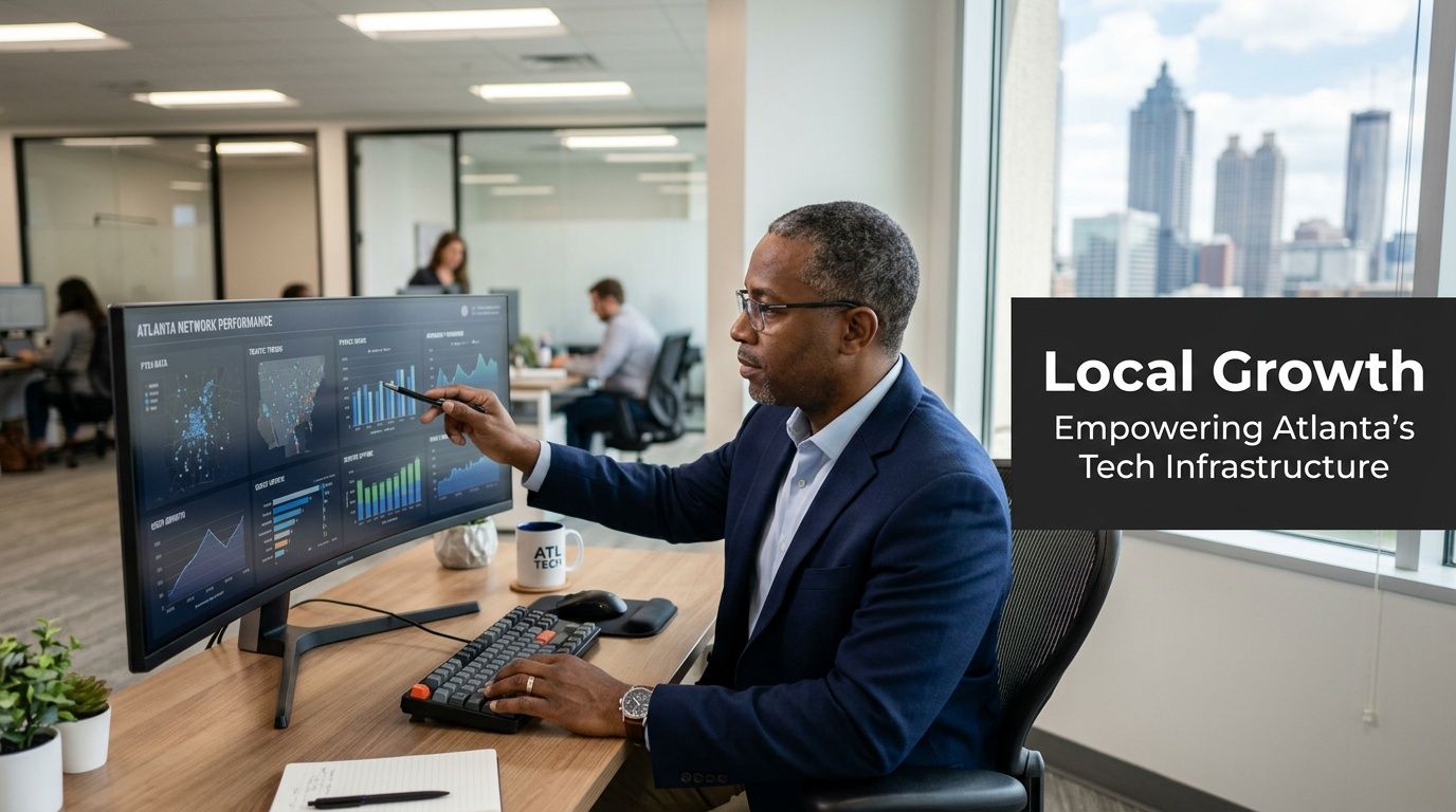 A professional man pointing at network performance data on a large monitor in an Atlanta office.