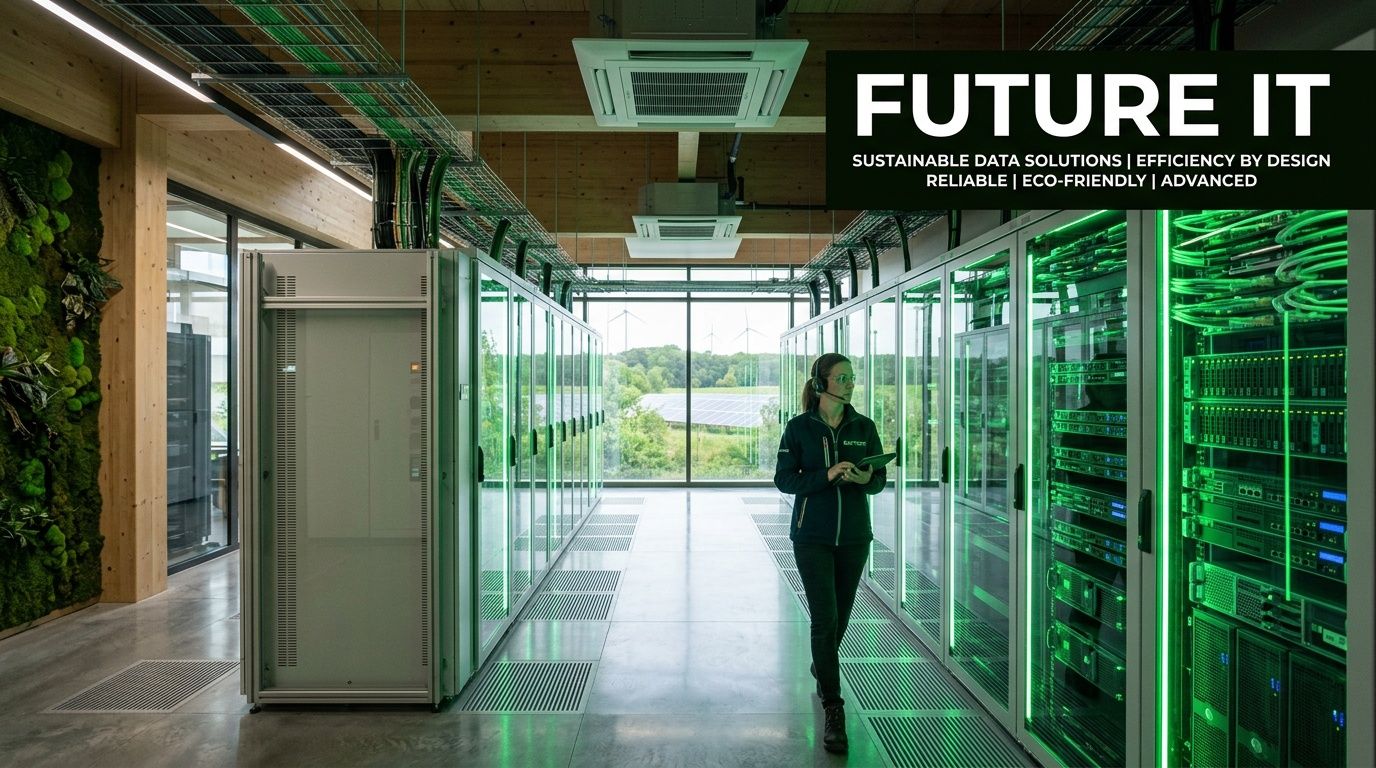 A technician walks through a modern, eco-friendly server room with green accents and sustainable energy views.