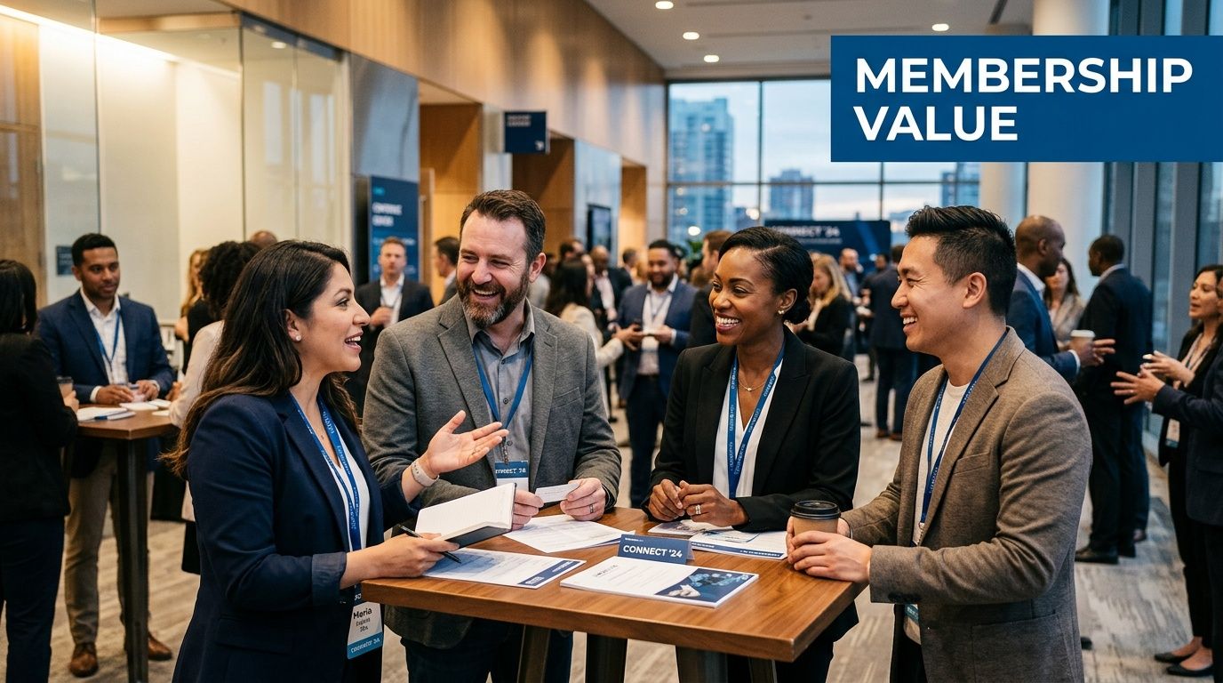 A diverse group of professionals networking and having a conversation during a corporate event at a conference.