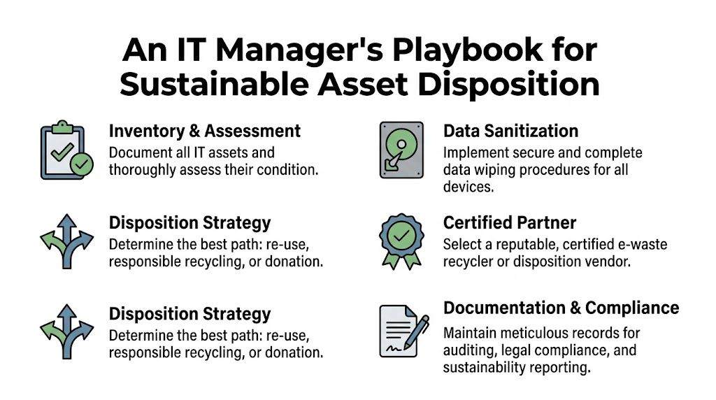 An infographic titled IT Manager's Playbook for Sustainable Asset Disposition detailing essential steps for electronics recycling.