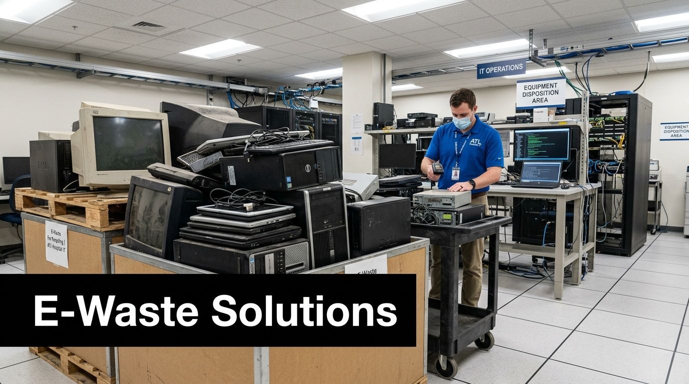 An IT technician processing retired computer hardware and electronic waste at a professional equipment disposition facility.