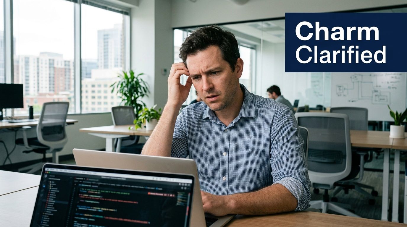 A focused man looking frustrated while working on code at his desk in a modern office.