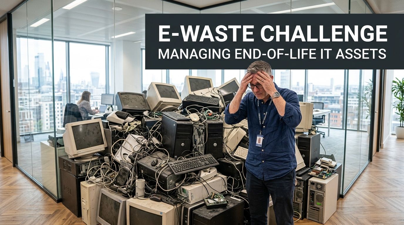 A frustrated businessman standing next to a large, chaotic pile of obsolete electronic waste and old computers.
