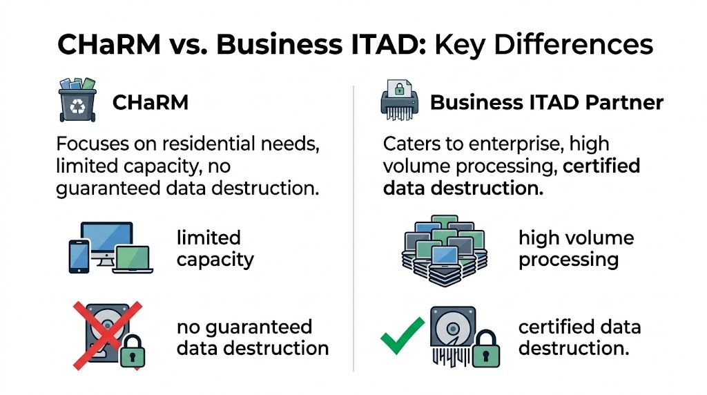 A comparison chart showing differences between residential CHaRM recycling and professional business ITAD service providers.