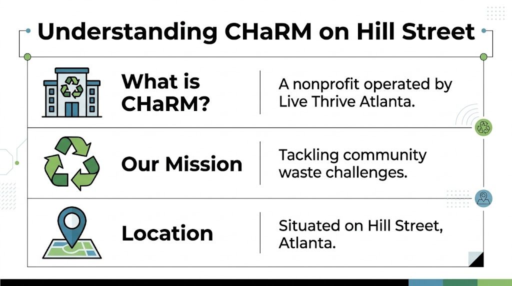 An infographic titled Understanding CHaRM on Hill Street detailing the nonprofit, mission, and location in Atlanta.