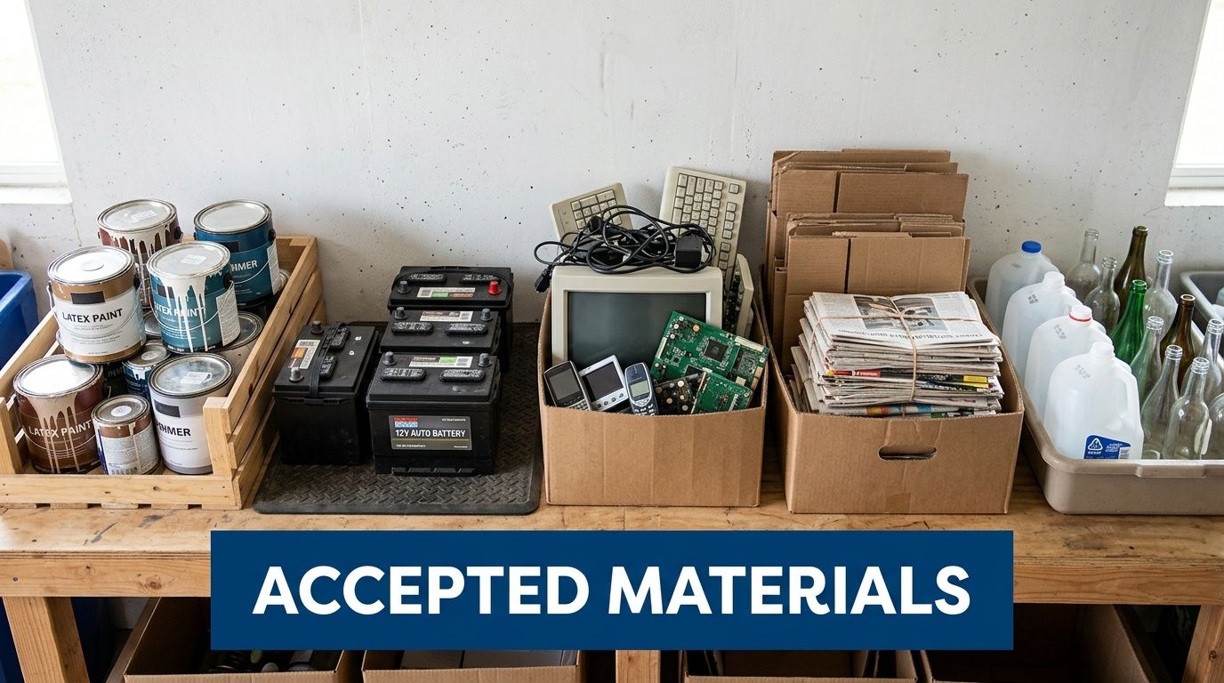 A wooden table featuring a collection of recyclable household waste including paint cans, car batteries, and electronics.