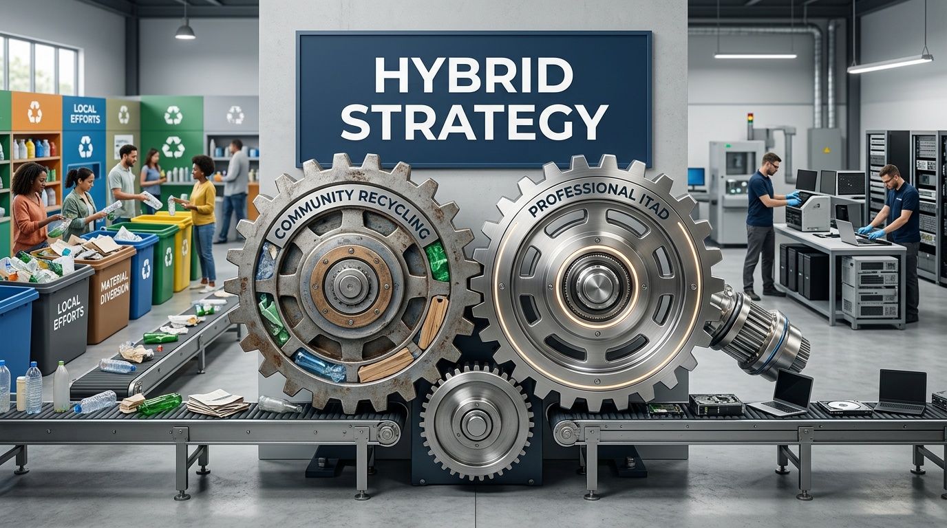 A split conceptual illustration showing community recycling efforts alongside professional IT asset disposal in an industrial facility.