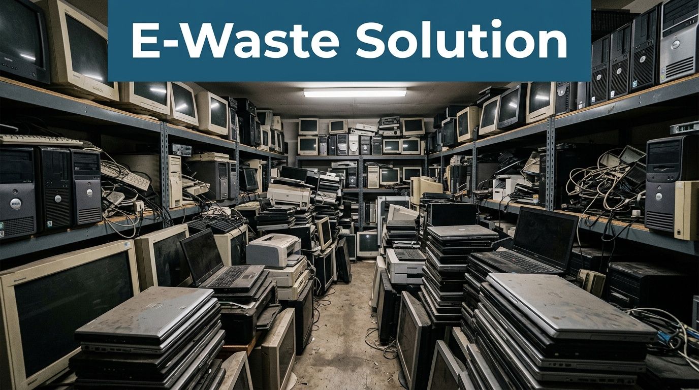 A large storage room filled with old electronic waste including desktop computers, monitors, and laptops.
