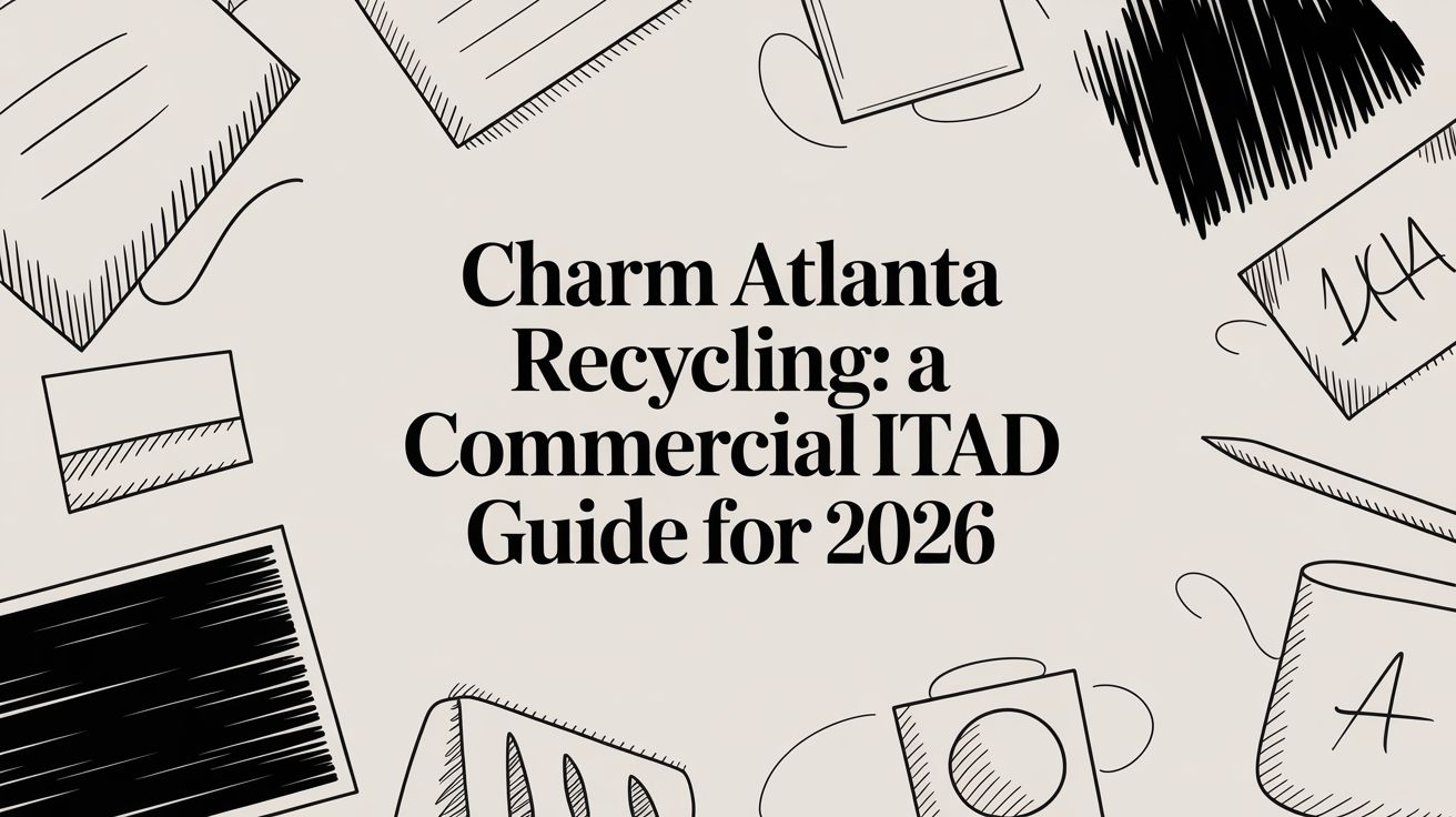 Title card for an ITAD guide: 'Charm Atlanta Recycling: a Commercial ITAD Guide for 2026' with doodle office supplies around it, on a beige background.