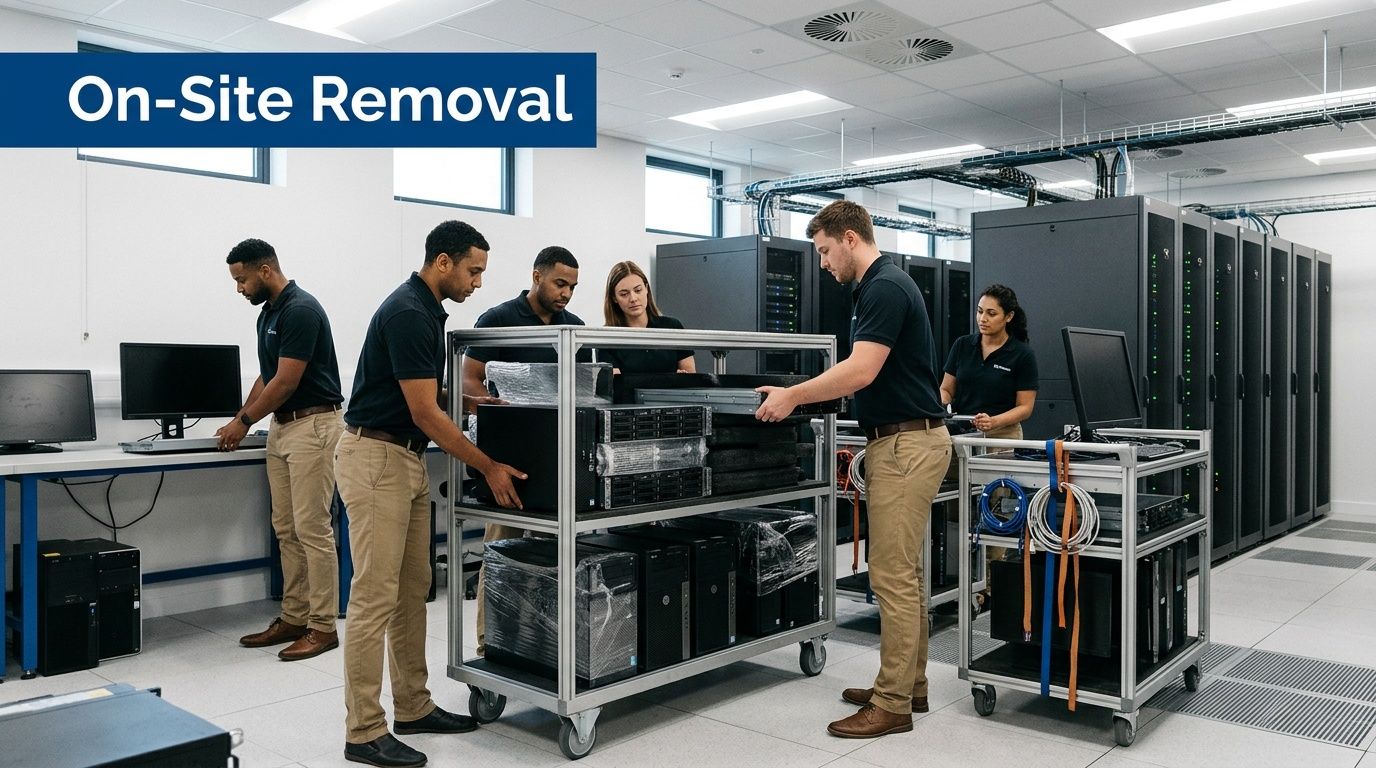 A professional team of technicians removing old server hardware equipment from a corporate data center server room.