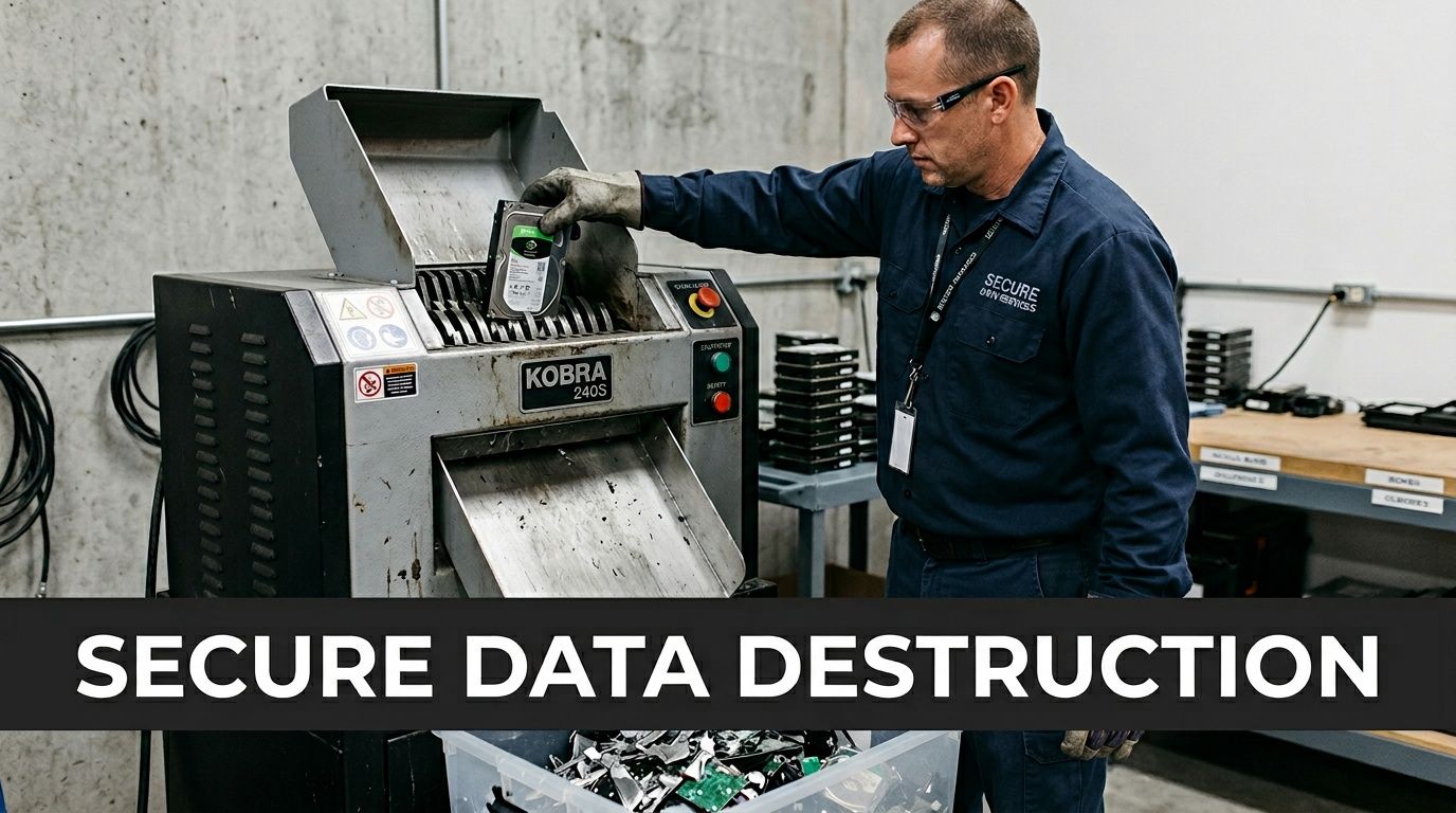 A technician wearing protective gear shreds a hard drive using an industrial machine for data security purposes.