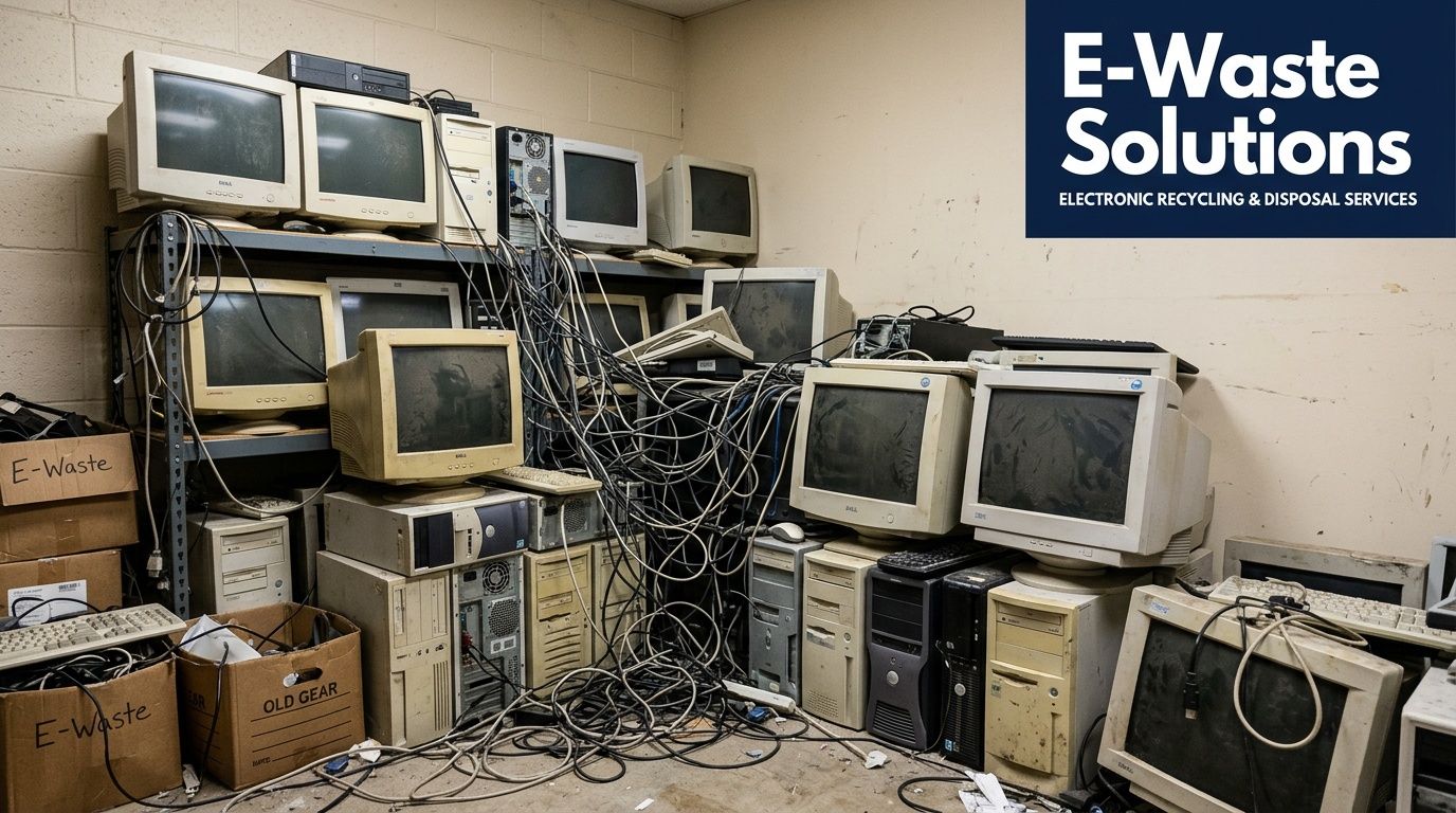 A room filled with stacks of vintage desktop computers, monitors, and tangled cables waiting for recycling services.