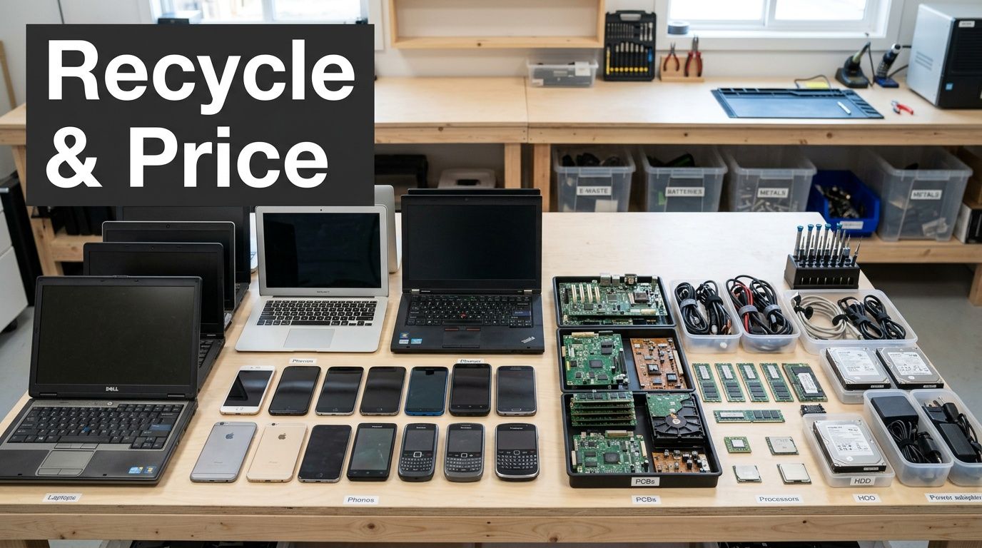 A organized workspace featuring various recycled laptops, mobile phones, circuit boards, and electronic components for repair.