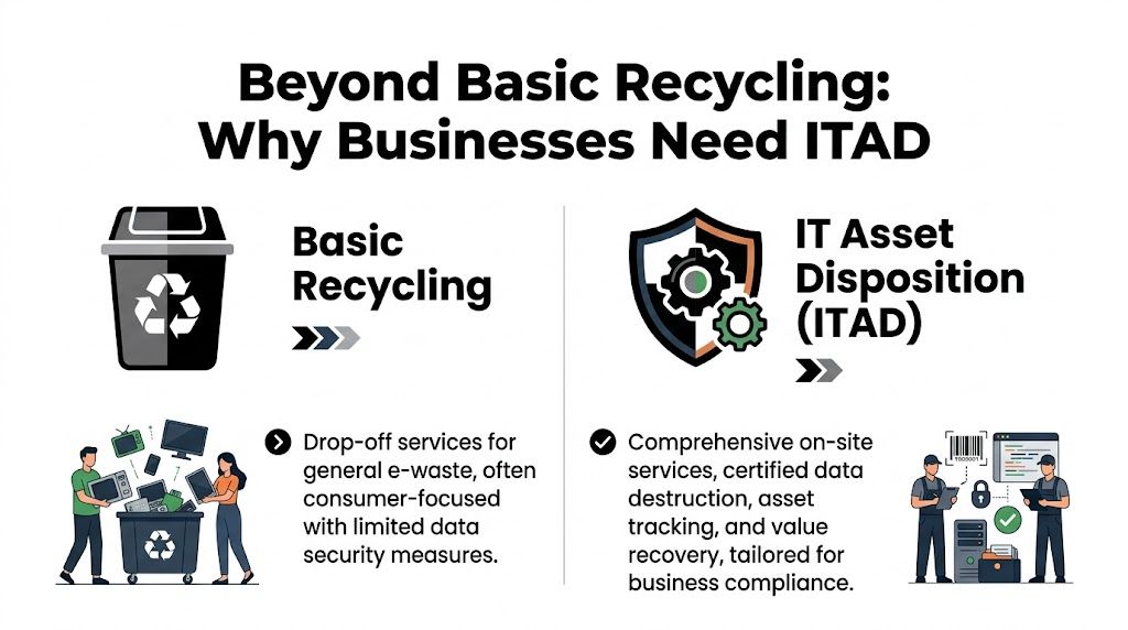 A comparison infographic between basic recycling and IT asset disposition services for business data security.