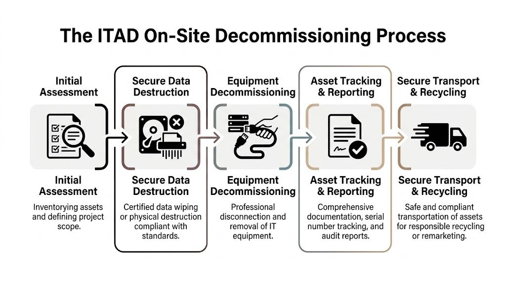 A diagram illustrating the five stages of an ITAD on-site decommissioning process for secure hardware management.