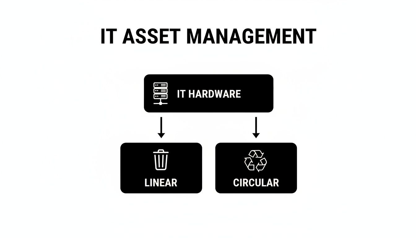 Diagram illustrating IT asset management strategies for hardware, comparing linear disposal with circular economy recycling.