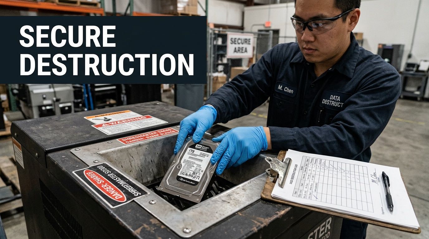 A gloved worker securely placing a hard drive into a data destruction shredder with a checklist nearby.