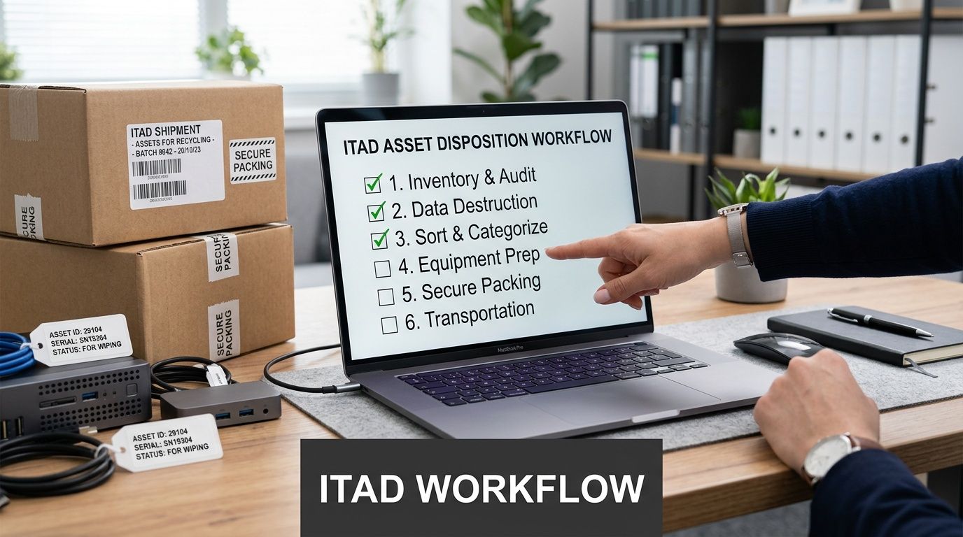 Person pointing at a laptop displaying an ITAD workflow checklist, with electronic waste and labeled boxes.