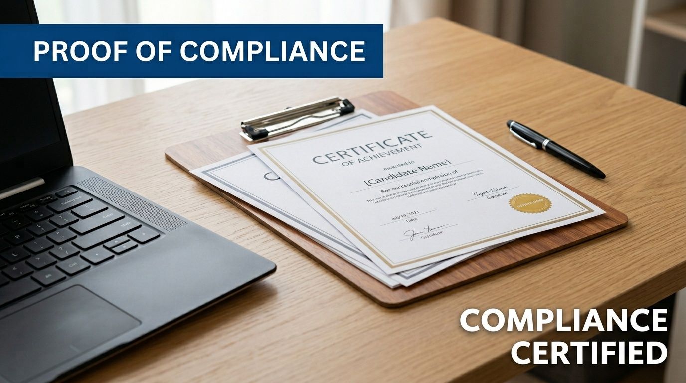 A black laptop next to a clipboard holding stacked achievement certificates and a pen on a wooden desk, signifying compliance.