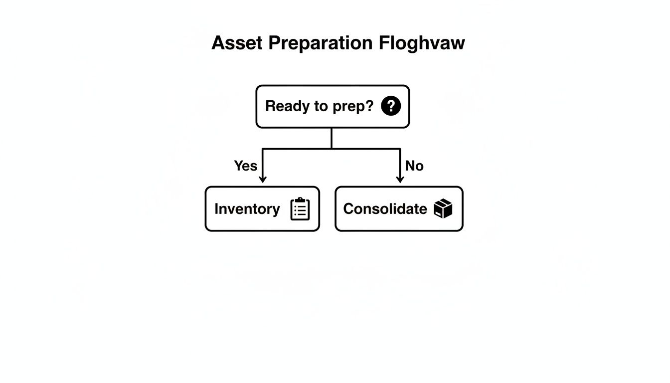 A simple flowchart titled 'Asset Preparation Floghvaw' showing a decision 'Ready to prep?' leading to 'Inventory' (Yes) or 'Consolidate' (No).