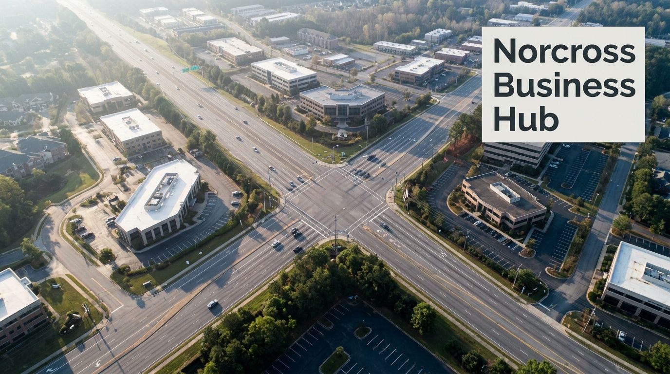 Aerial view of Norcross Business Hub, featuring modern office buildings, roads, and cars.