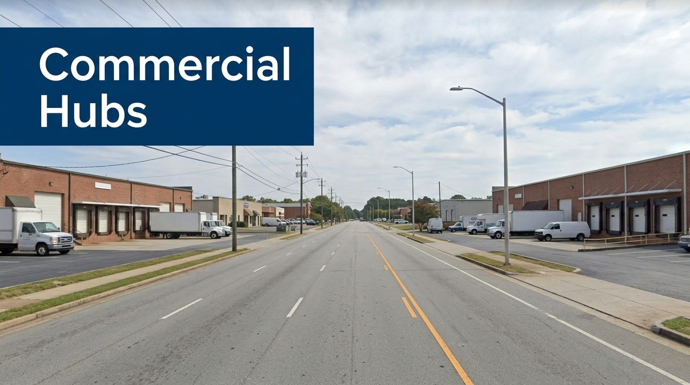 View of a street with commercial hubs, featuring warehouses, loading docks, and trucks.