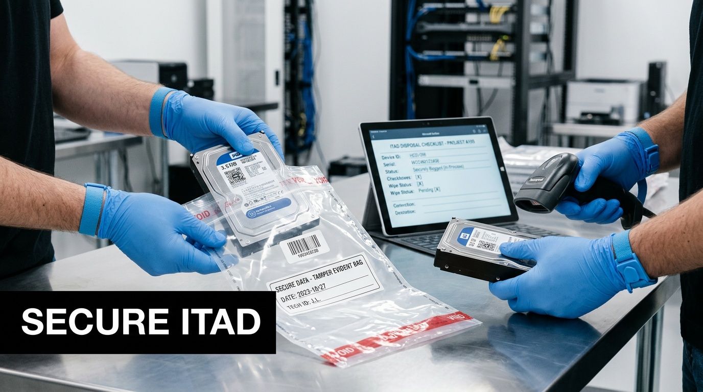 Two technicians in blue gloves secure hard drives in tamper-evident bags, logging them on a digital checklist for ITAD disposal.