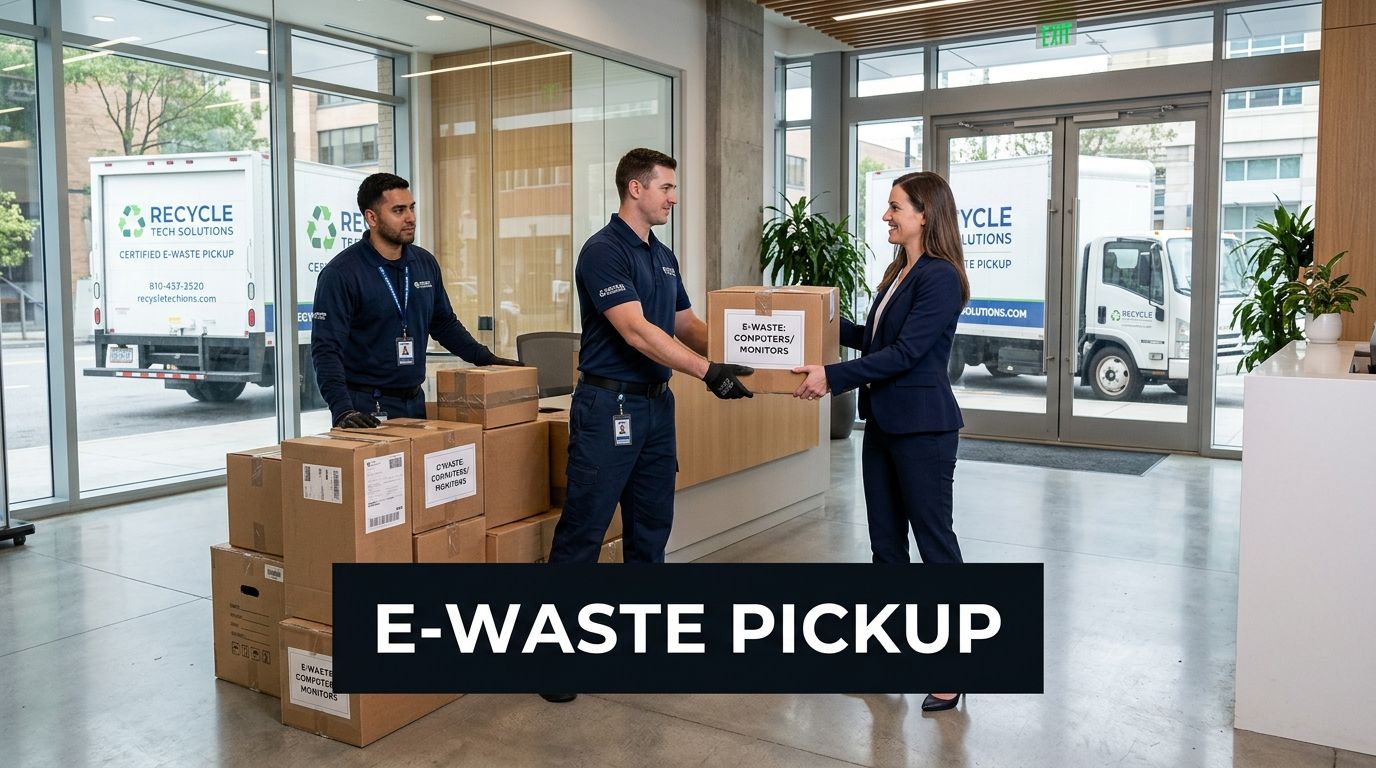 Recycle Tech Solutions workers pick up e-waste, computers, and monitors from a professional woman.