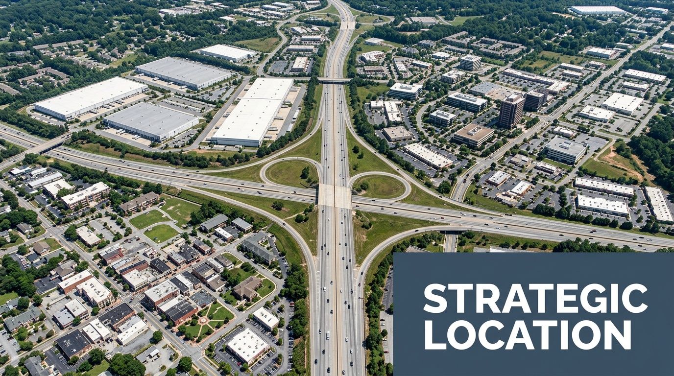 Aerial view of a sprawling highway interchange with commercial buildings, warehouses, and urban development, highlighting a strategic location.